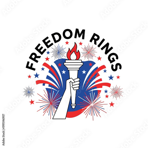 Patriotic hand holding a flaming torch illustration with festive fireworks in a dynamic celebratory design, symbolizing freedom, triumph, and national pride for grand events and commemorations