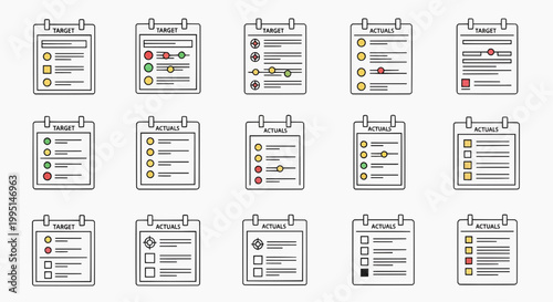 Multiple clipboards with colorful charts and graphs are arranged in rows on a surface