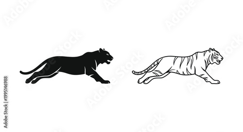 Big Cats Comparison: Cheetah vs Leopard Running Silhouettes Vector