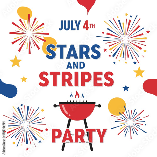 Festive American national celebration graphic with sparkling fireworks, a barbecue grill, and patriotic star and stripe elements for a cheerful party