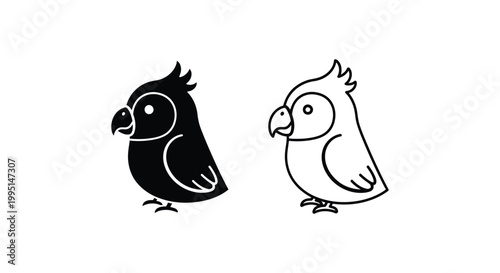 Black & White Cartoon Birds Icon Set Design Vector