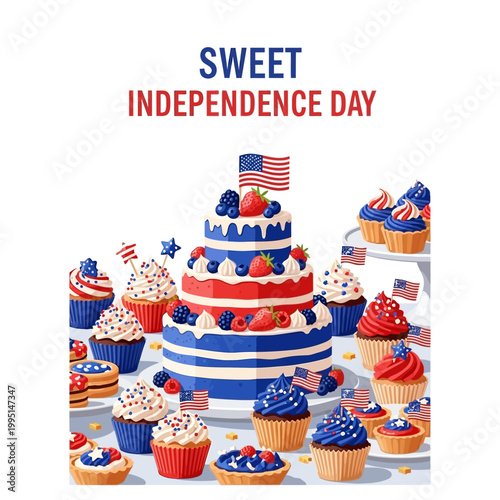 A delightful vector illustration featuring a magnificent tiered cake and an array of festive cupcakes adorned in patriotic red, white, and blue, perfect for a joyful American celebration