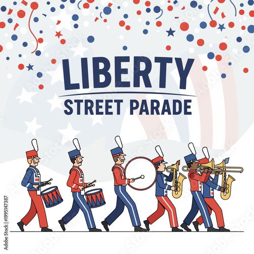 Liberty Street Parade Vector Illustration of a Marching Band Celebrating Independence Day with Confetti