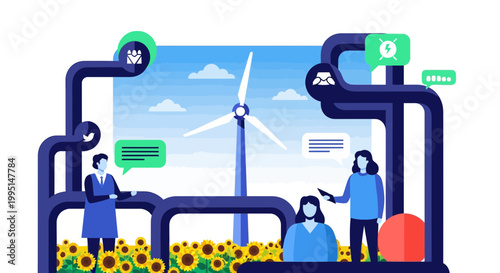 Renewable Wind Energy Concept with People and Wind Turbine