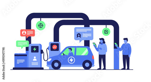 Smart electric vehicle charging station with people using mobile apps