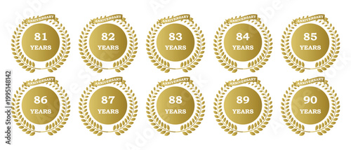 set of black anniversary icon, 81, 82, 83, 84, 85, 86, 87, 88, 89, 90 years anniversary icon with laurel wreath design, vector illustration.
