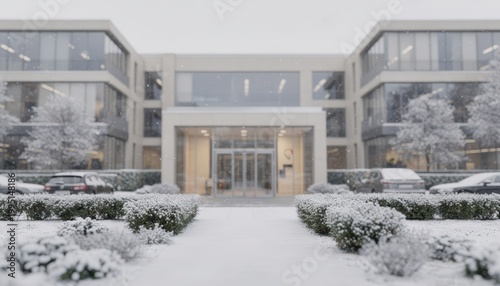 Winter view of an office park complex with light snow covering manicured landscaping focusing on the frosted glass entrance of the primary building while the rest remains softly