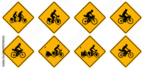 Set mit amerikanischen Warnschildern für Bikepacker und Radreisende auf Fahrrädern in gelber Rautenform