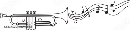 Minimalist continuous one-line drawing of a trumpet with sound waves and notes. Sleek black vector art for jazz, audio, and orchestral themes. one line art icon drawing vector