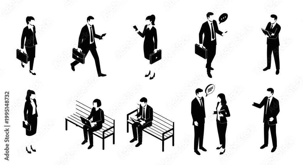Fototapeta premium business people in isometric view with briefcases and phones black and white