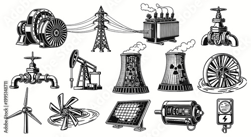 Industrial Energy Generation and Power Plant Icons