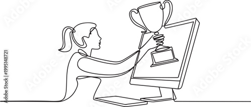 businesswoman pulls out trophy cup from computer screen. Working on award winning project, freelance job, online work, winner. one line art icon drawing vector