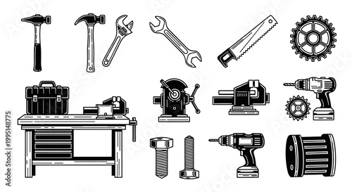 Mechanical Workshop and Industrial Tools Vector Set