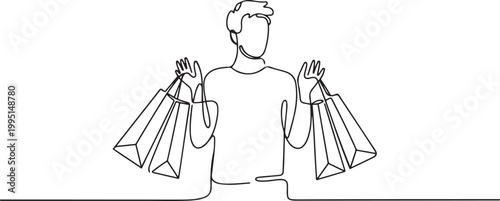 Young man carrying shopping bags in continuous one line drawing. Man holding paper bags for fashion and shopping concept line draw. one line art icon drawing vector