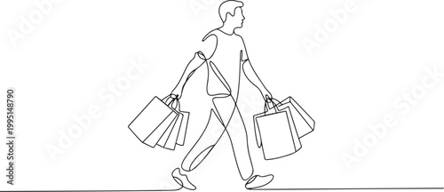 Young man carrying shopping bags in continuous one line drawing. Man holding paper bags for fashion and shopping concept line draw. one line art icon drawing vector