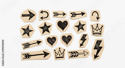 hand drawn doodles and graphic elements featuring various black ink drawings of arrows stars hearts and crowns on rustic paper cutouts ideal for creative design.