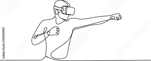 Continuous one line drawing of guy using virtual reality headset and playing boxing, fighting, action game. one line art icon drawing vector