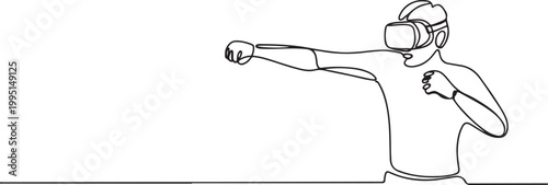 Continuous one line drawing of guy using virtual reality headset and playing boxing, fighting, action game. one line art icon drawing vector
