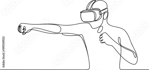 Continuous one line drawing of guy using virtual reality headset and playing boxing, fighting, action game. one line art icon drawing vector