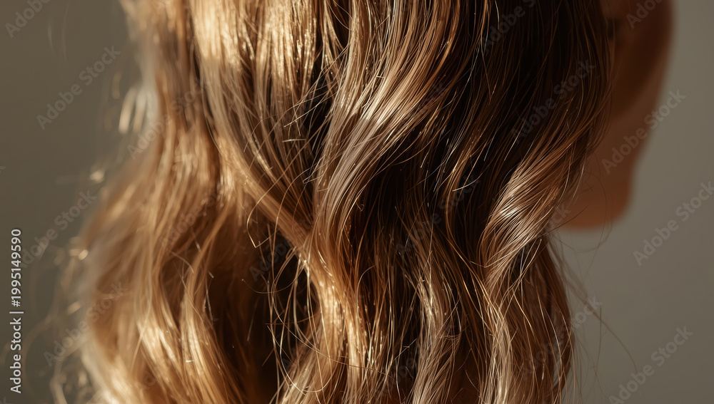 Naklejka premium Golden wavy hair back view with soft natural light and gentle shine