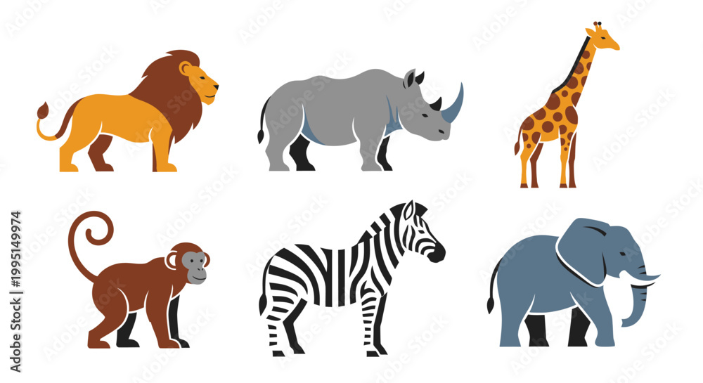Fototapeta premium Cartoon animals set lion rhino giraffe monkey zebra elephant vector illustration