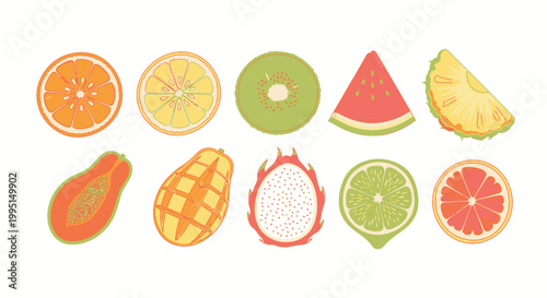 Assortment of vibrant fruit slices isolated on white background for design