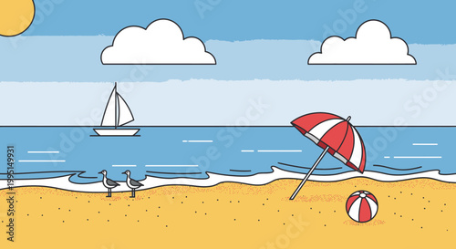 Beach scene illustration featuring sailboat umbrella seagulls and ball