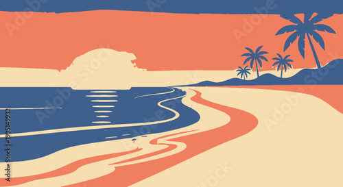 Beach scene illustration with palm trees and sun setting over ocean horizon