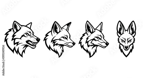 Black and white fox head illustrations for design and creative projects