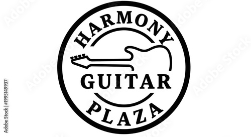 Black and white guitar logo with text inside a circular frame