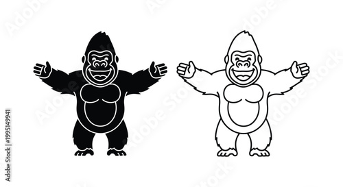 Cartoon Gorillas Standing Friendly Black White Design Vector
