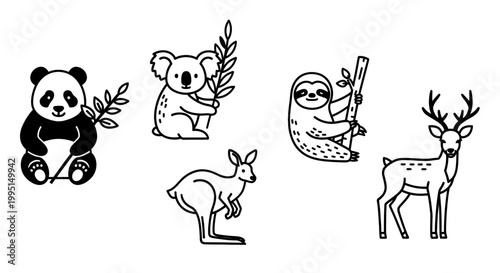 Black and white cartoon illustrations of various animals isolated on white