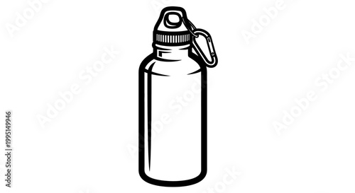 Black and white illustration of a reusable water bottle with a carabiner clip