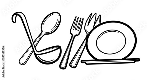 Black and white kitchen utensils illustration for culinary and dining themes