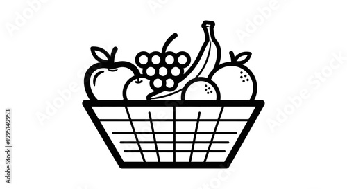 Black and white illustration of a basket filled with various fruits