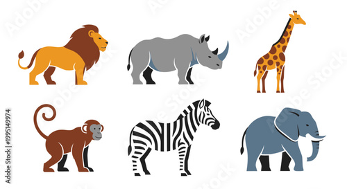Cartoon animals set lion rhino giraffe monkey zebra elephant vector illustration