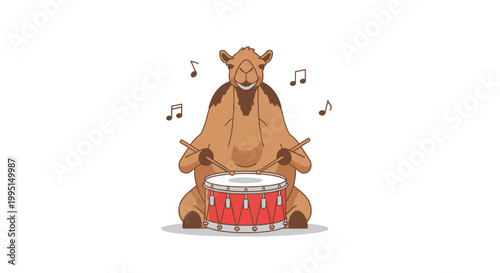 Cartoon camel playing drum with musical notes on white background