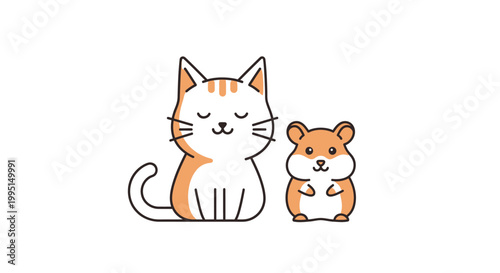 Cartoon cat and hamster companionship illustration on white background