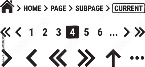 UX/UI Breadcrumb Navigation and Pagination Symbols Wireframing Elements Solid Black Vector Silhouette Icon Set for Prototyping