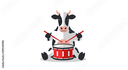 Cartoon cow playing a drum with red drumsticks on a white background