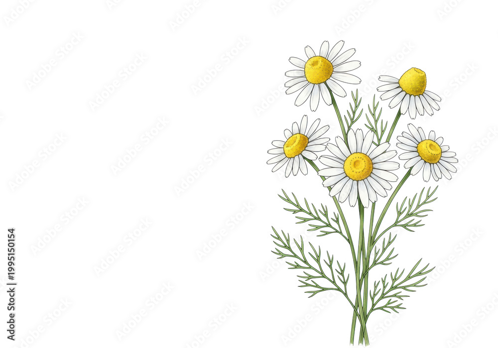 Fototapeta premium A delicate botanical watercolor illustration of fresh chamomile flowers with white petals and vibrant yellow centers, arranged on elegant green stems against a transparent background, showcasing a
