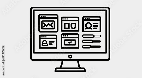 Computer monitor displaying interface icons in black and white style