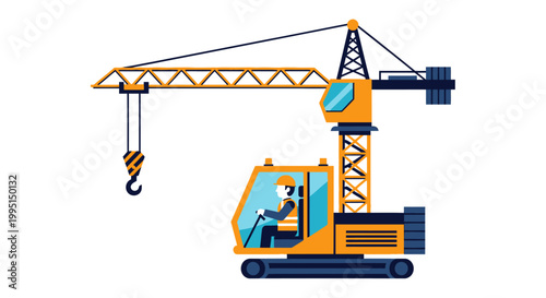Construction crane illustration with operator for industrial and engineering projects