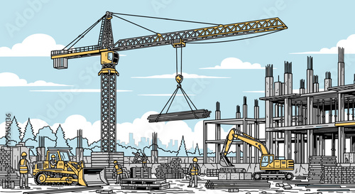 Construction site scene with crane excavator and workers in vector illustration