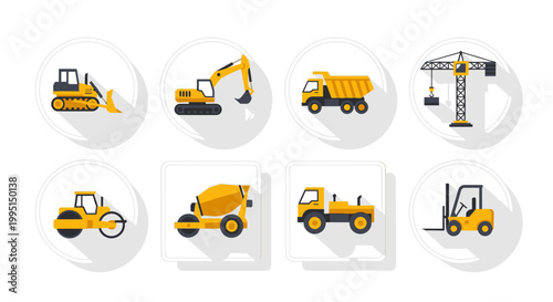 Construction equipment icons set bulldozer excavator dump truck crane