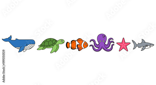 Colorful sea creatures vector illustration against white background