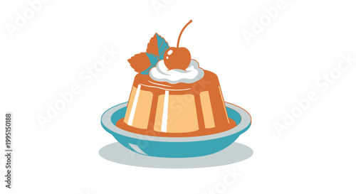 Delicious caramel flan dessert with cherry and mint leaves on white background