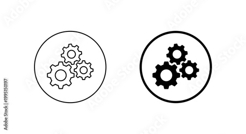 Gear settings icon in circular outline. Cogwheel mechanism symbol. System configuration and mechanical operation sign