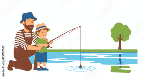 Father and child fishing together near lake during day