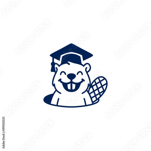 A charming vector logo on a white background, featuring a happy, smiling beaver with a textured tail, peeking out of a hole and wearing a graduation cap